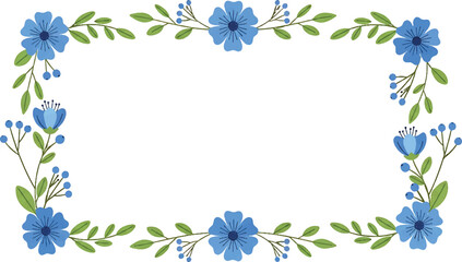 Delicate blue floral frame illustration with vibrant blossoms and lush green leaves, a charming botanical border design ideal for invitations, greeting cards, and various decorative projects