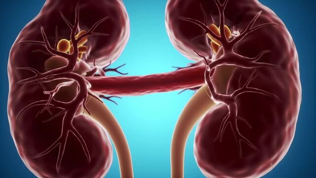 Detailed 3D Illustration of Human Kidneys with Anatomical Structure Highlighted on Blue Background