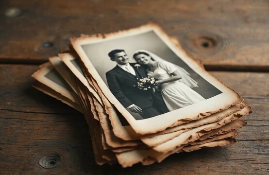 Stack of old monochrome photos with burnt edges on wooden table. Vintage wedding picture of married couple represents family history. Nostalgic images evoke memories of ancestors love past