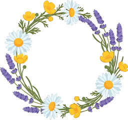 Elegant round floral frame made of chamomile daisies, purple lavender, and yellow buttercups. A beautiful wildflower wreath vector illustration