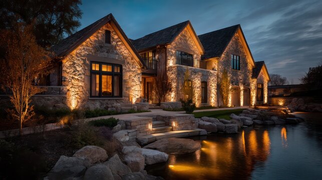 Evening riverside home with stone and uplighting dynamic lighting angles creating sharp architectural shadows water reflecting warm lights