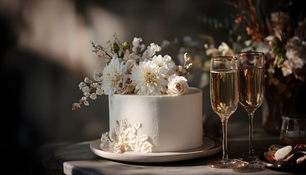 Enchanting white cake crowned with delicate blooms beside bubbly in shadowy elegance