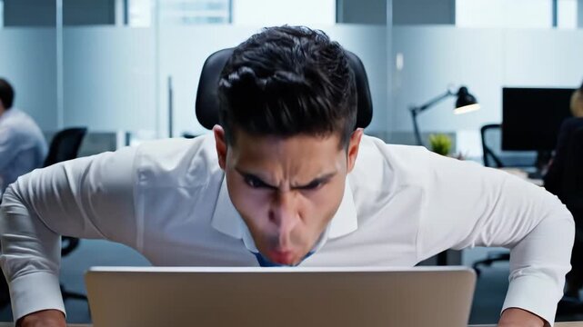 Frustrated Office Worker Reacts to Computer at Corporate Workspace