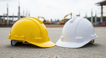 Protective construction helmets placed on the ground at a building site providing safety