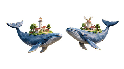 Whimsical Whales Carrying Tiny Houses and Landmarks