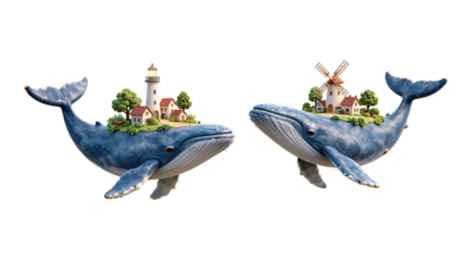 Whimsical Whales Carrying Tiny Houses and Landmarks