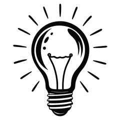 A black outline of a light bulb emits light streaks against a white background