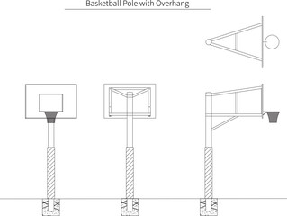 Naklejka premium Side, Front, Back, and Plan Views of Basketball Pole with Overhang