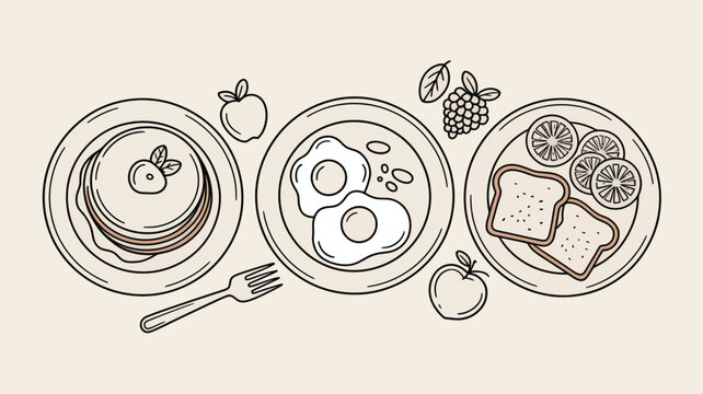 Breakfast illustration with pancakes eggs toast and fruit on plates in a line art style drawing design