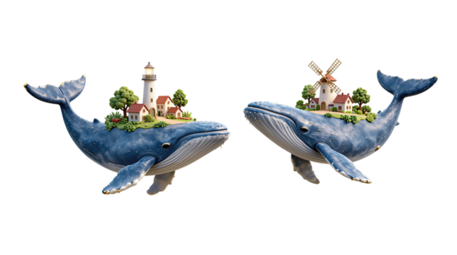 Whimsical Whales Carrying Tiny Houses and Landmarks