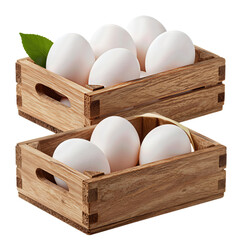 White eggs in wooden crates