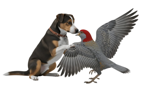 A seated dog with a collar touching a large bird with its paw on a black background illustration