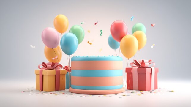 Festive cartoon banner showcasing a massive striped cake surrounded by floating balloons. Wrapped gift boxes rest neatly on