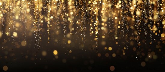 Elegant festive background with cascading golden bokeh particles, shimmering glitter lights falling from the top, dark gradient backdrop