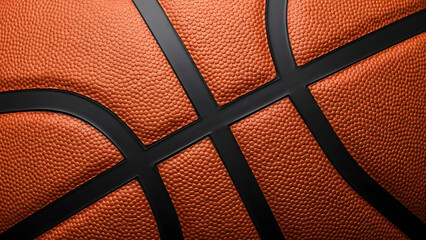 A close-up shot reveals the textured surface of an orange basketball, intersected by black lines creating dynamic patterns and shapes across the image, emphasizing texture and contrast, evoking a