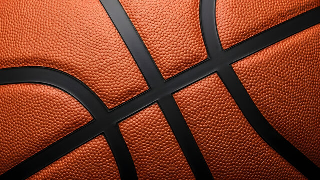 A close-up shot reveals the textured surface of an orange basketball, intersected by black lines creating dynamic patterns and shapes across the image, emphasizing texture and contrast, evoking a
