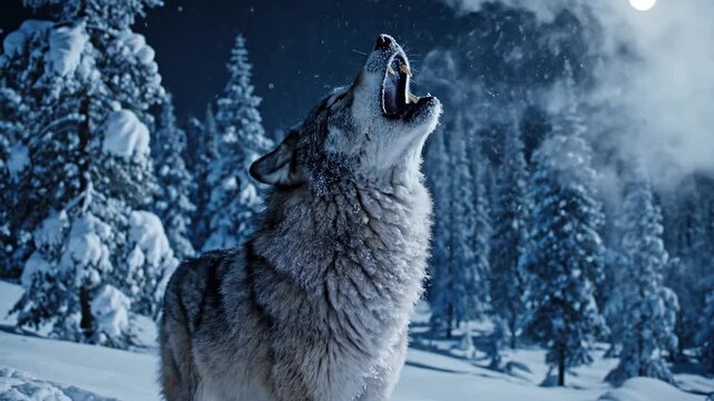 Wolf Howling In a Snowy Winter Forest at Night