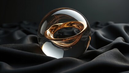 Clear glass sphere encasing golden ring rests on draped black fabric. Abstract geometric object with luxurious metallic sheen suggests modern art futuristic design. Clean light highlights glossy
