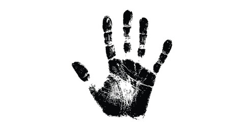 Black detailed human handprint symbol with texture on an isolated white background