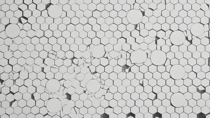 Abstract geometric pattern featuring white hexagonal and circular tiles with a distressed texture, creating a sense of depth and visual interest in a monochromatic and modern style.