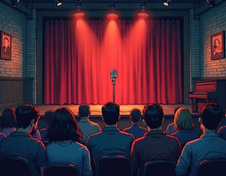 Empty stage with red curtains, microphone on stand. Audience sits in dark room watching performance under spotlight. Piano sits at side of stage. Stage lights shine on empty stage awaiting performer.
