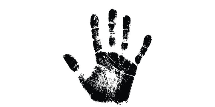 Black detailed human handprint symbol with texture on an isolated white background