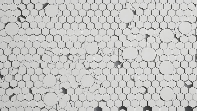 Abstract geometric pattern featuring white hexagonal and circular tiles with a distressed texture, creating a sense of depth and visual interest in a monochromatic and modern style.