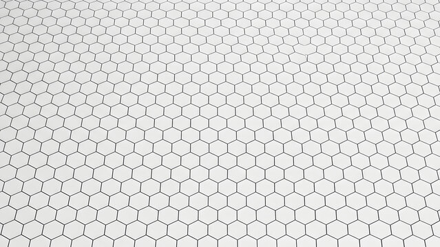A clean and modern visual featuring a geometric pattern formed by white hexagon tiles with dark grout, creating a sense of depth and visual texture with a clean, minimalistic aesthetic.