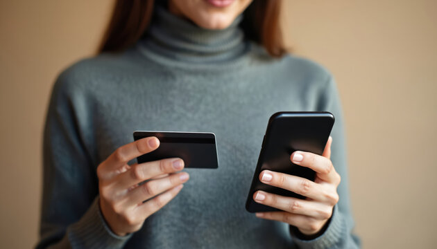 Woman uses credit card and smartphone for online payment. Person shopping online pays for purchase with phone. Digital banking and e-commerce concept. Wireless money transfer via mobile app.