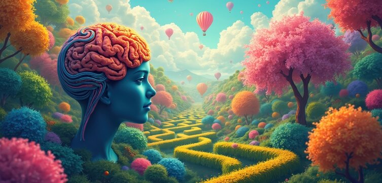 Digital illustration representing ADHD mind. A human head with visible brain as a complex labyrinth. The scene showcases focus distraction with colorful elements and hot air balloons.