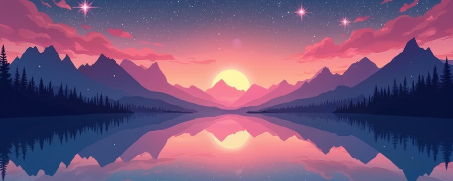 Mountains reflected in calm water under starry sky. Colorful illustration displays nature landscape with mountain range at lake with pine trees. Sunset sky with stars at tranquil valley creates