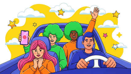 Four diverse young friends enjoying a joyful road trip together inside a car with bright yellow background and stars isolated on transparent background