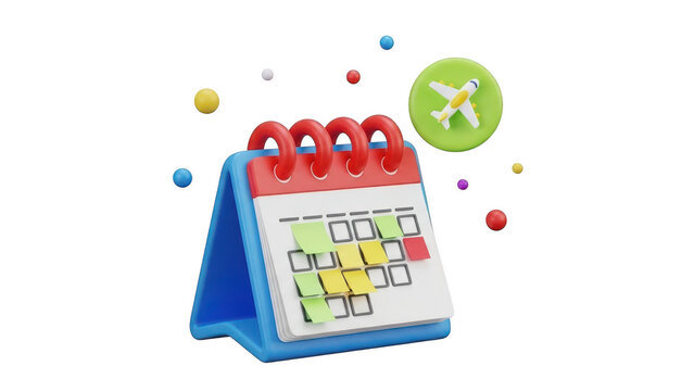 3d illustration of a desktop calendar with colorful marked dates and a green icon featuring an airplane, symbolizing travel planning or vacation scheduling, isolated on transparent background