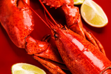 Lobster seafood, gourmet food, steamed lobster with big claws on red background with lemon, top view, flat lay, from above.Horizontal banner art design detailed photo, close-up. 