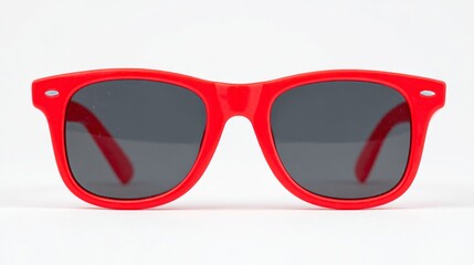 A pair of red sunglasses with a grey tint