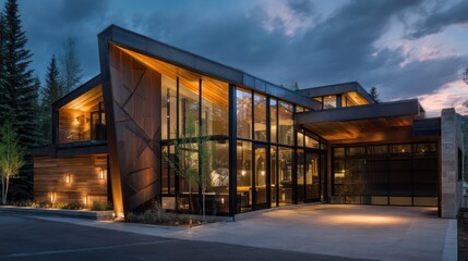 Obraz premium Front facade of riverside home with geometric wood and metal design dramatic top-down lighting casting architectural shadows subtle