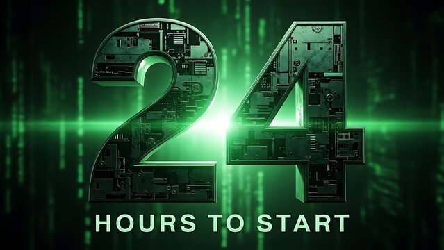Futuristic countdown 24 hours to start with green digital background