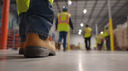 Low-angle view of workers in safety gear inside warehouse with high ceilings and storage racks. Ideal for editorial, logistics, construction, or workplace safety photography themes.