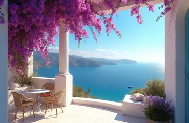 Obraz premium Terrace balcony overlooks bright blue sea. Purple flowers hang above wicker chairs and table. White columns frame picturesque island landscape and ocean. Summer vacation spot with tranquil sea view.