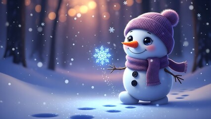 Charming snowman with snowflake in snowy winter forest scene illustration