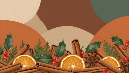 Decorative arrangement of cinnamon sticks orange slices and foliage on a textured background