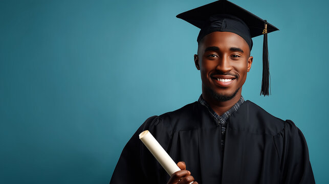 Person in black graduation attire holding diploma with joyful expression on teal backdrop. Ideal for editorial, education, achievement, or lifestyle photography themes.