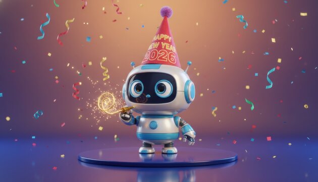 Cute Robot Celebrating New Year 2026 with Party Blower and Confetti, Generative AI