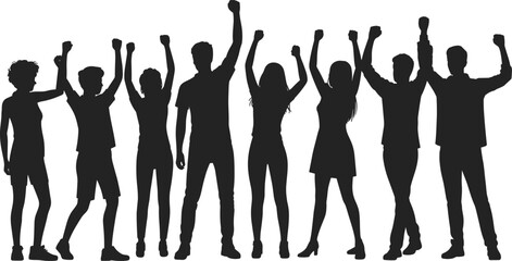 Energetic group of diverse people raising hands in celebration, unity, motivation, teamwork, and success shown through powerful crowd silhouette illustration