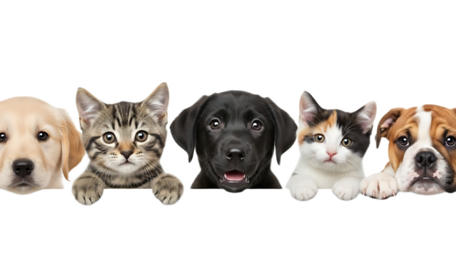 A group of five animals consisting of cats and dogs peering over an edge on a black background