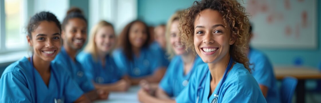 Group smiling nurses in classroom. Diverse medical students sitting around table. Women and men in scrubs at training for healthcare professional. Teamwork at medical school.