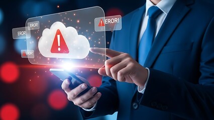 Businessman with cloud data security alert on transparent screen using smartphone