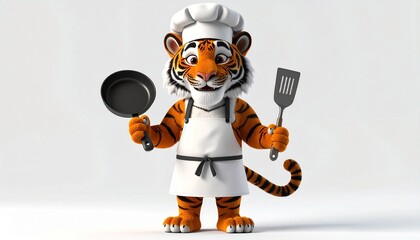 Tiger Chef Ready to Cook with Pan and Spatula in Kitchen