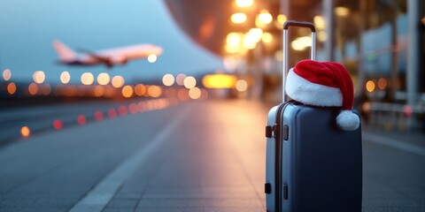 A suitcase with a red hat on top of it
