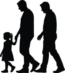 Silhouette of two men walking beside a young girl holding hands, family relationship concept, bonding, parenting, childhood, outdoor walking scene